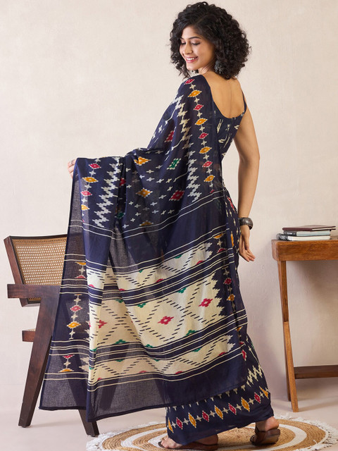 Saree mall Ethnic Motifs Poly Cotton Ready to Wear Ikat Sarees - Image 3