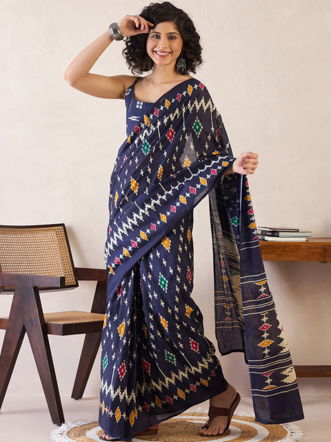 Saree mall Ethnic Motifs Poly Cotton Ready to Wear Ikat Sarees - Image 2