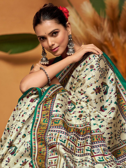 KALINI Warli Art Silk Block Print Saree