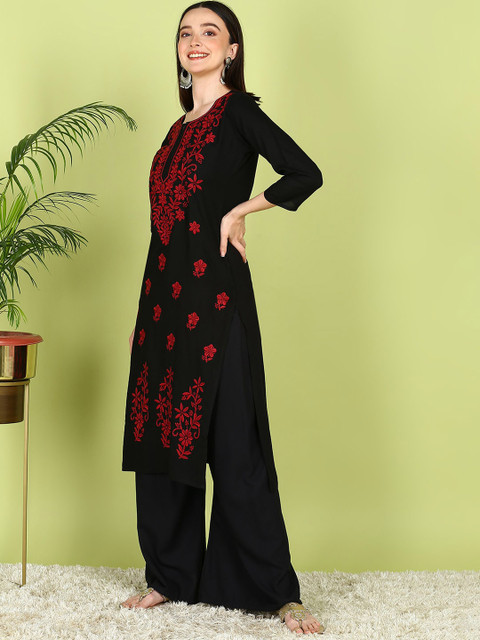 TOP N THREAD Ethnic Motifs Chikankari Embroidered Thread Work Straight Georgette Kurta - Image 3