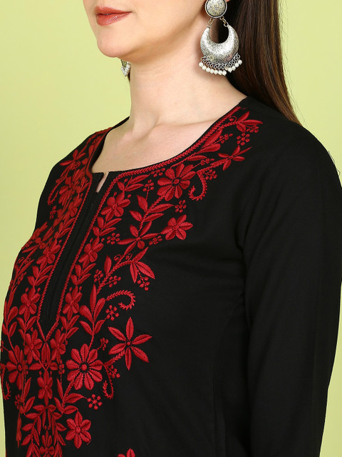 TOP N THREAD Ethnic Motifs Chikankari Embroidered Thread Work Straight Georgette Kurta - Image 2