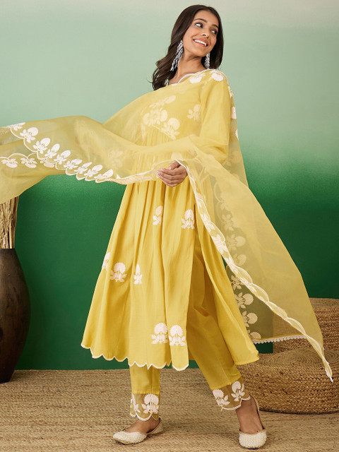 Sangria Floral Embroidered V-Neck A-Line Kurta With Trouser & Dupatta - Image 5