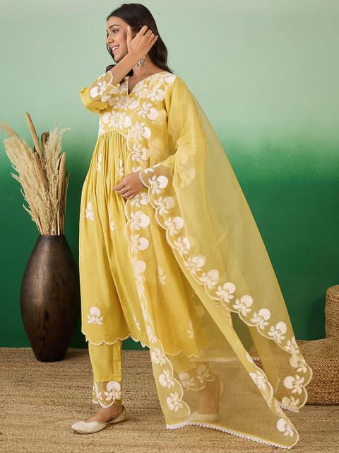 Sangria Floral Embroidered V-Neck A-Line Kurta With Trouser & Dupatta - Image 6