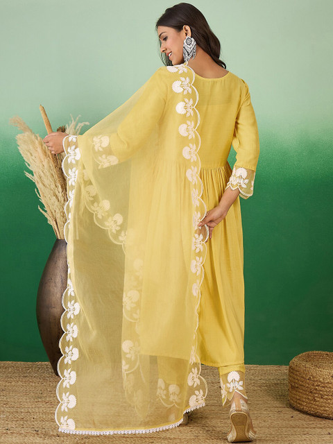 Sangria Floral Embroidered V-Neck A-Line Kurta With Trouser & Dupatta - Image 7