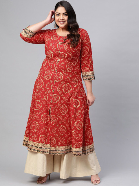 KALINI Plus Size Bandhani Printed Round Neck Cotton Anarkali Kurta