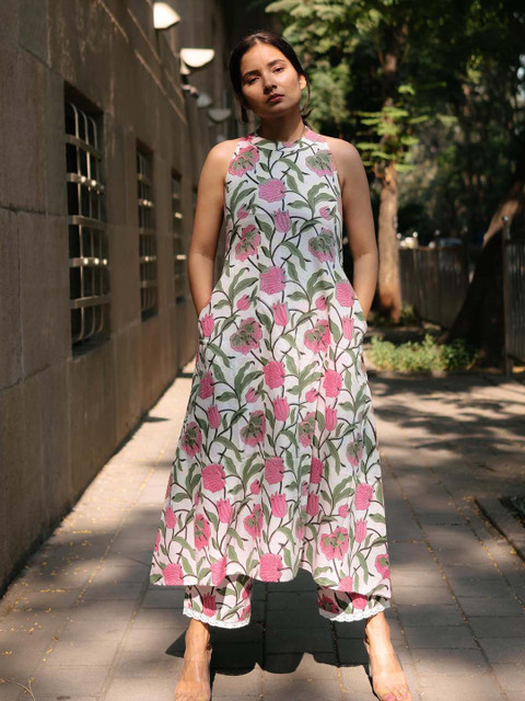 KALINI Printed Mandarin Collar Neck Tunic & Flared Palazzo Co-Ords