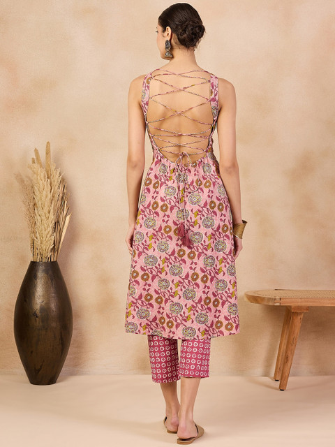 Anouk Pink Floral Printed V-Neck Regular Cotton A-Line Kurta With Trousers