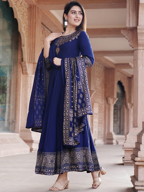 NEW STYLISH Ethnic Motifs Printed Round Neck Anarkali Kurta With Dupatta - Image 3