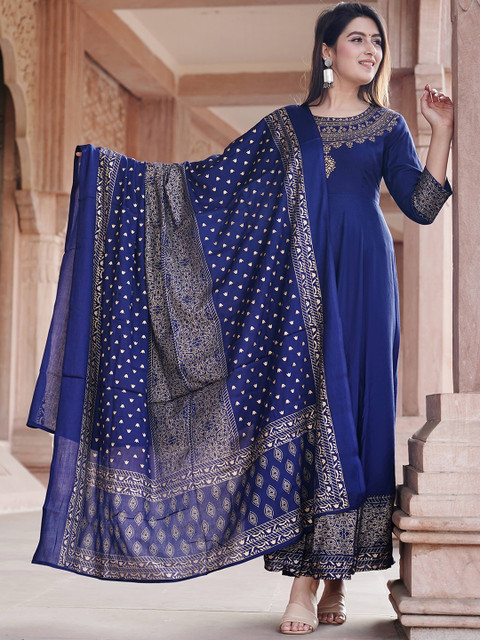 NEW STYLISH Ethnic Motifs Printed Round Neck Anarkali Kurta With Dupatta - Image 5