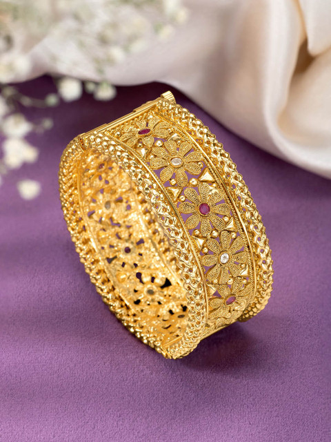 Peora Gold-Plated Thick Single Piece Synthetic Stone-Studded Openable Kada Bangle