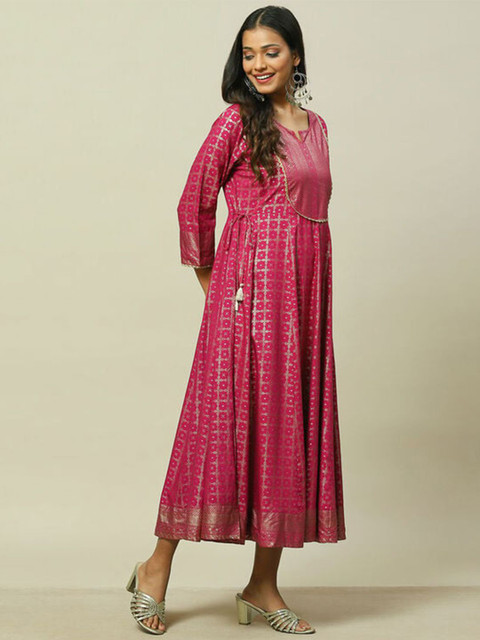 Rangriti Notched Neck Geometric Print A-Line Midi Dress - Image 3