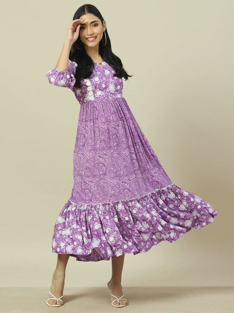 Rangriti Round Neck Puff Sleeves Ethnic Motifs Print A-Line Midi Dress