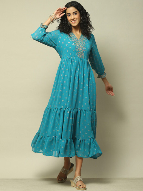 Rangriti V Neck Ethnic Motifs Print Puff Sleeve A-Line Midi Dress - Image 6