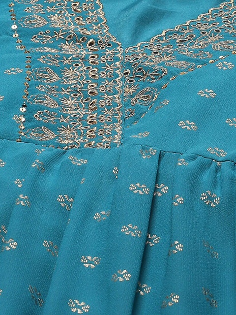 Rangriti V Neck Ethnic Motifs Print Puff Sleeve A-Line Midi Dress - Image 2