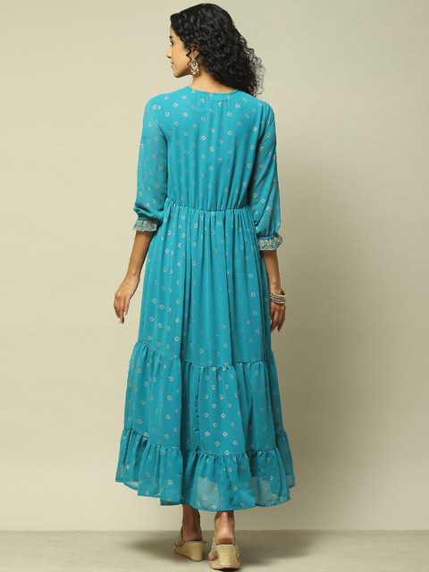 Rangriti V Neck Ethnic Motifs Print Puff Sleeve A-Line Midi Dress - Image 5