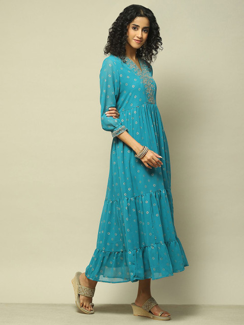 Rangriti V Neck Ethnic Motifs Print Puff Sleeve A-Line Midi Dress - Image 3