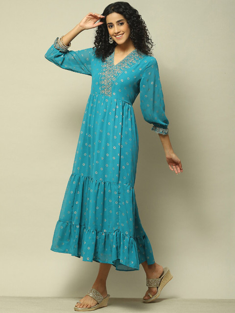 Rangriti V Neck Ethnic Motifs Print Puff Sleeve A-Line Midi Dress - Image 4