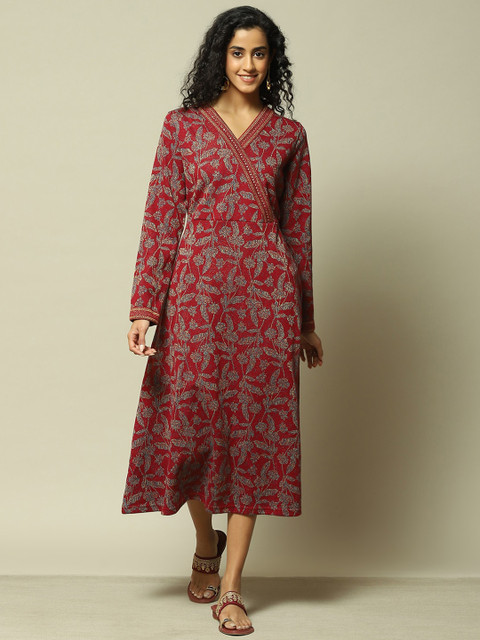 Rangriti V Neck Long Sleeves Floral Print Midi Dress