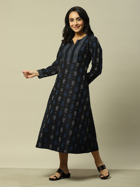 Rangriti Notched Neck Long Sleeves Floral Print A-Line Maxi Dress - Image 4