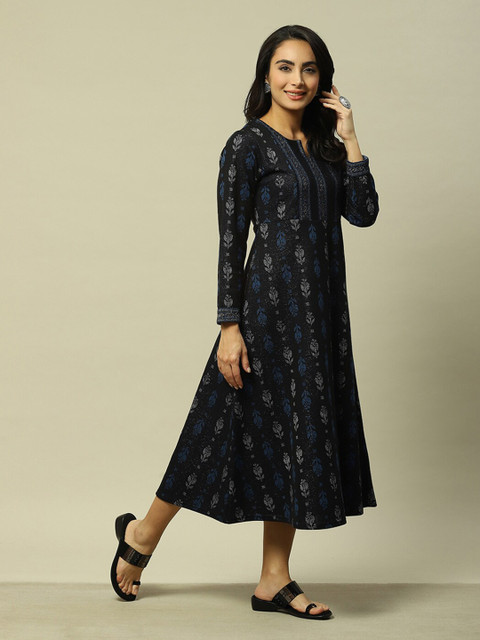 Rangriti Notched Neck Long Sleeves Floral Print A-Line Maxi Dress - Image 3