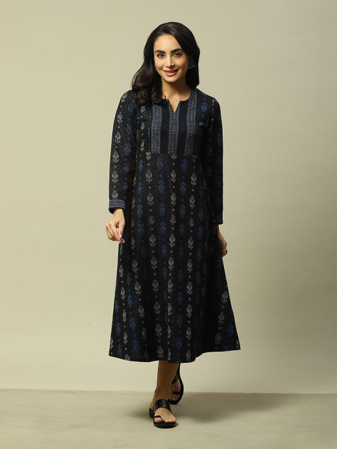 Rangriti Notched Neck Long Sleeves Floral Print A-Line Maxi Dress