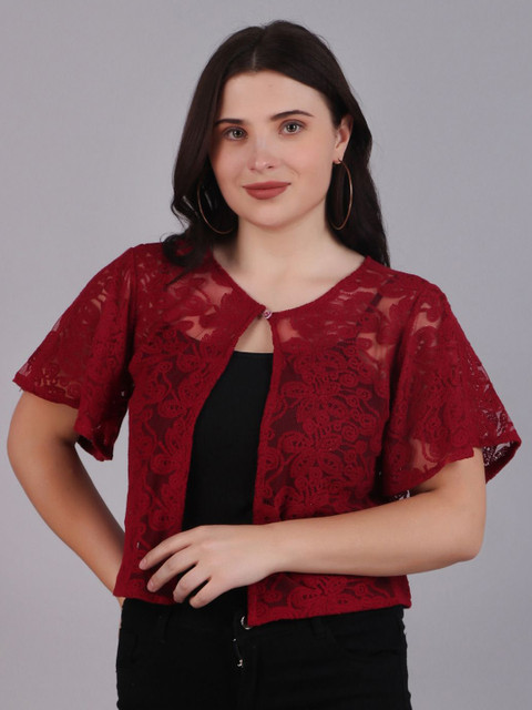 Dressitude Women Crop Button Self Design Shrug