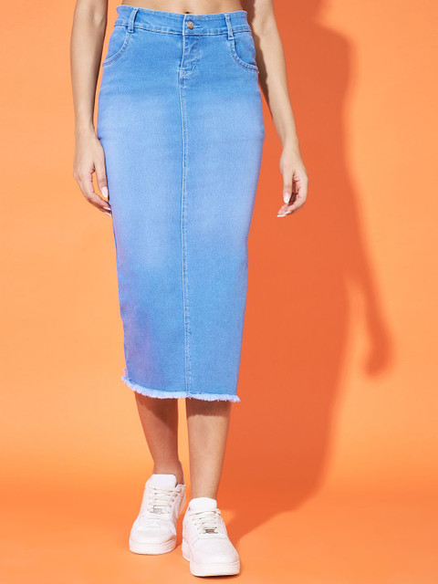 Purple Feather Denim Blue Light Washed Pencil Midi Skirts