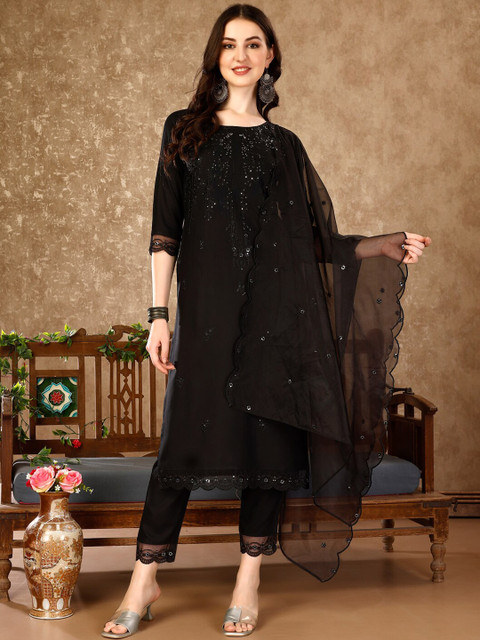 KALINI Women Embroidered Regular Sequinned Kurta with Trousers & With Dupatta