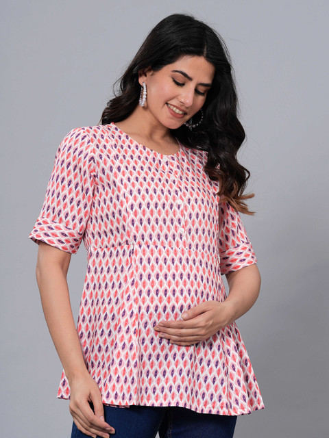 SIDDHANAM Geometric Printed Round Neck Maternity Peplum Top - Image 2