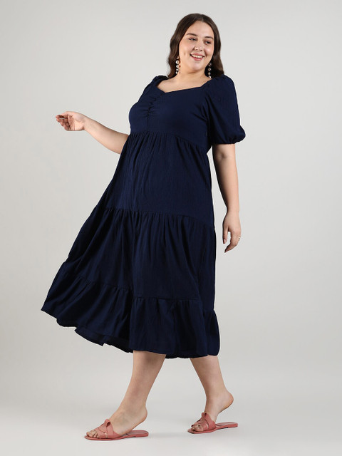Instafab Plus Women Puff Sleeve A-Line Midi Dress