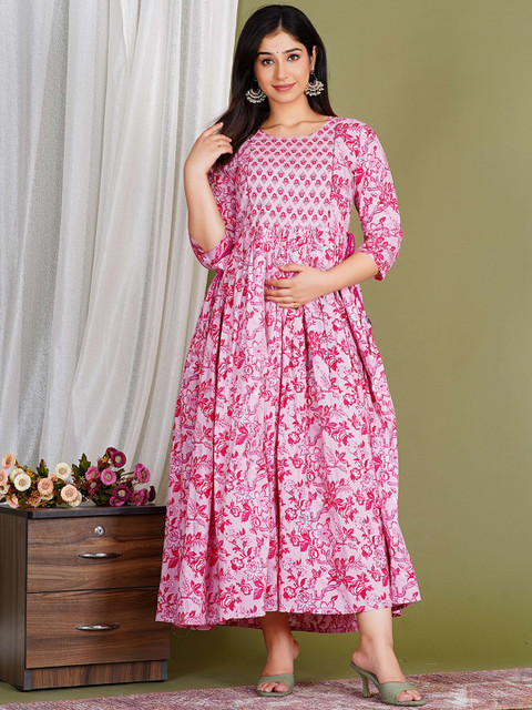 Gujari Floral Print Maternity Empire Maxi Ethnic Dress