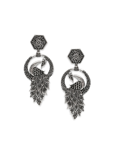 Sangria Silver-Toned Peacock Shaped Oxidised Drop Earrings - Image 2