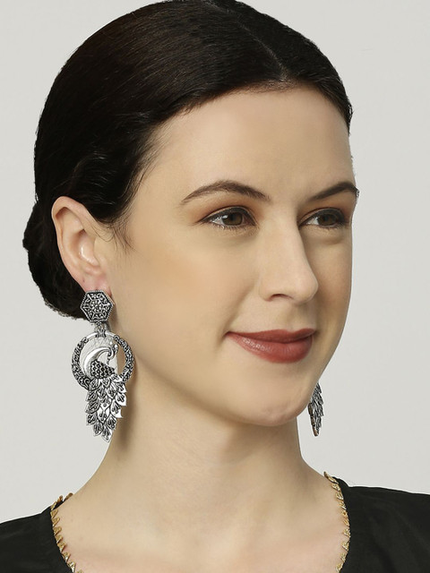 Sangria Silver-Toned Peacock Shaped Oxidised Drop Earrings - Image 4