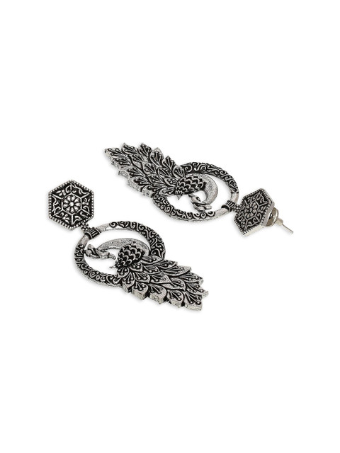Sangria Silver-Toned Peacock Shaped Oxidised Drop Earrings - Image 3