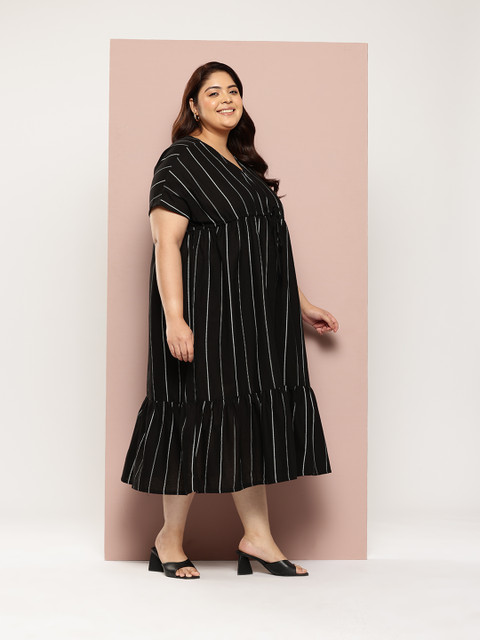 Sztori Plus Size Cotton Linen Tie-Up Striped A-Line Midi Dress - Image 3