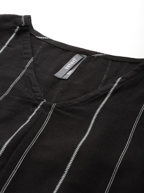 Sztori Plus Size Cotton Linen Tie-Up Striped A-Line Midi Dress - Image 2