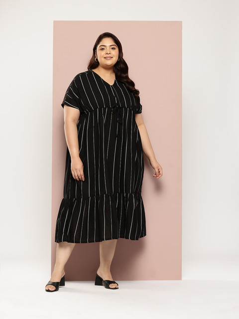 Sztori Plus Size Cotton Linen Tie-Up Striped A-Line Midi Dress