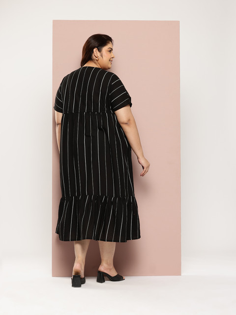 Sztori Plus Size Cotton Linen Tie-Up Striped A-Line Midi Dress - Image 4