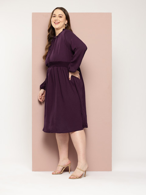 Sztori Plus-Size Tie-Up Neck Puff Sleeve A-Line Midi Dress - Image 3