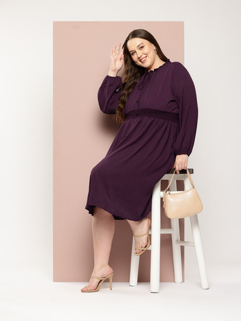 Sztori Plus-Size Tie-Up Neck Puff Sleeve A-Line Midi Dress - Image 5