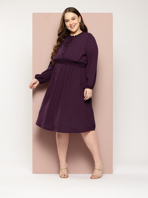 Sztori Plus-Size Tie-Up Neck Puff Sleeve A-Line Midi Dress