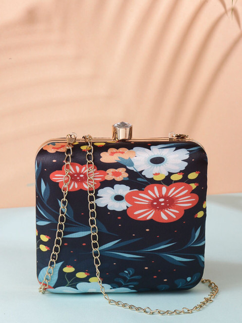 Anouk Navy Blue Printed Box Clutch