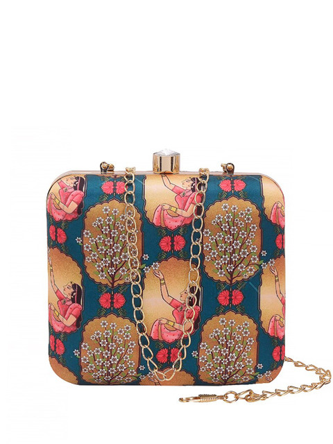 Anouk Teal Blue Printed Box Clutch - Image 2