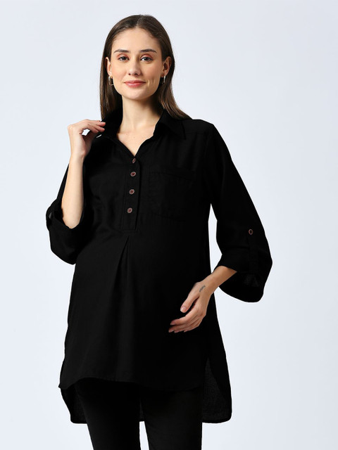 Mom For Sure by Ketki Dalal Mandarin Collar Roll-Up Sleeves Shirt Style Maternity Top