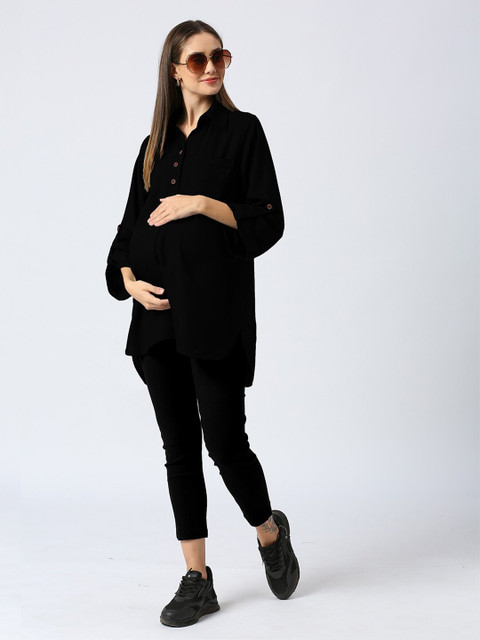Mom For Sure by Ketki Dalal Mandarin Collar Roll-Up Sleeves Shirt Style Maternity Top - Image 7