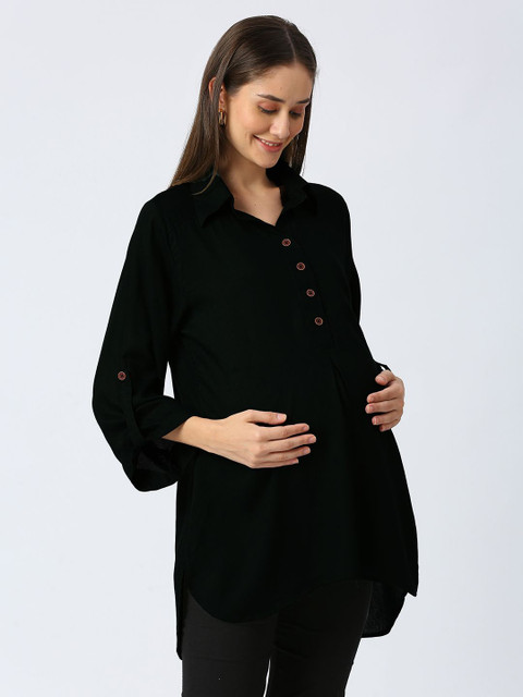 Mom For Sure by Ketki Dalal Mandarin Collar Roll-Up Sleeves Shirt Style Maternity Top - Image 3