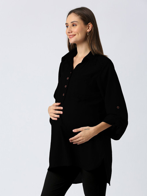 Mom For Sure by Ketki Dalal Mandarin Collar Roll-Up Sleeves Shirt Style Maternity Top - Image 4