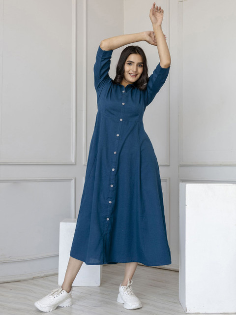 Nayo Shirt Collar A-Line Cotton Midi Dress