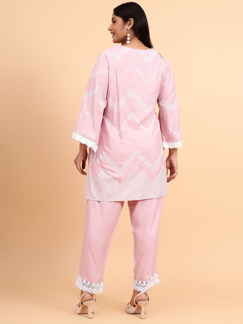 Bani Women Plus Size Geometric Printed Lace Detail Flared Sleeves Top With Trouser - Image 5