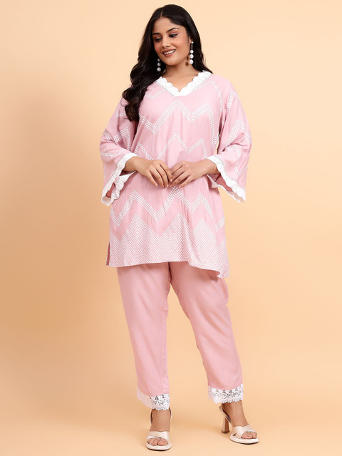 Bani Women Plus Size Geometric Printed Lace Detail Flared Sleeves Top With Trouser